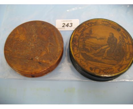 19th Century burr wood tortoiseshell lined circular snuff box together with a papier mache snuff box with scenes of Napoleoni