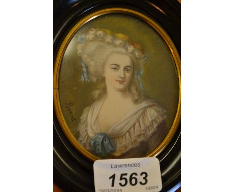Continental oval head and shoulder portrait miniature of a young 18th Century lady, signed Bornet, in an ebonised and gilded 