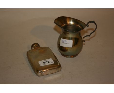 Silver hip flask and a silver cream jug