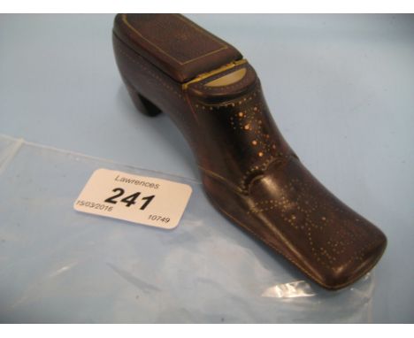 Good quality 19th Century brass inlaid snuff box in the form of a shoe, dated 1858