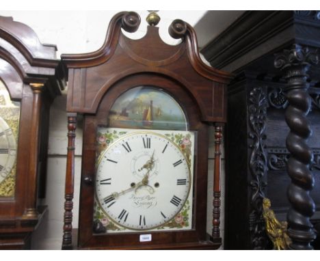 19th Century mahogany longcase clock, the broken arch hood with swan neck pediment above a shaped panelled door and conformin