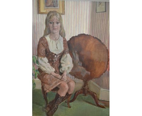 Stella Schmolle, oil on canvas, portrait of Miss Julia Condy, signed, 33.5ins x 21.5ins, with gallery labels verso, gilt fram