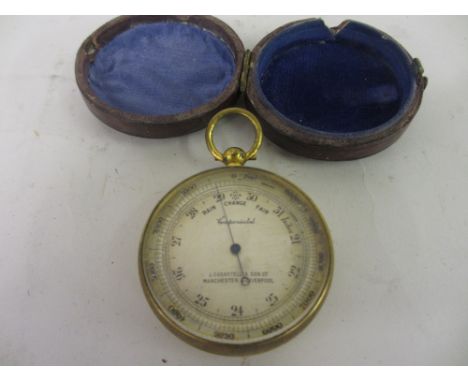 19th Century J. Casartelli & Son Ltd. compensated pocket barometer in gilt brass case, having silvered dial, inscribed Manche