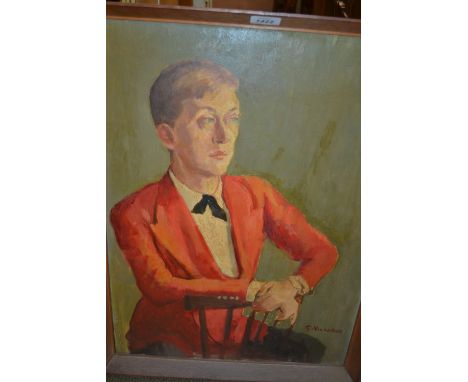 Greer Nicholson R.A., signed oil, portrait of a young man in a red jacket, 23ins x 17ins