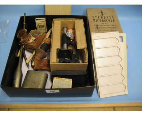 Student microscope by J. and L. Randall Ltd, boxed, an opium pipe, two pairs of glove stretchers, button hook, novelty wine b