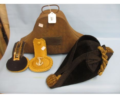 Early 19th Century Royal Naval bi-corn hat having gilt wire decoration in original tin plate case with brass plaque, possibly