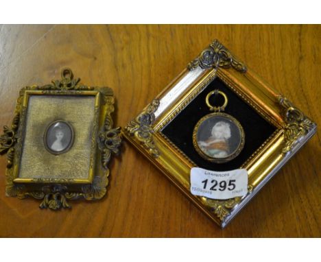 19th Century circular mounted miniature portrait locket of a lady, later gilt framed, together with another miniature portrai