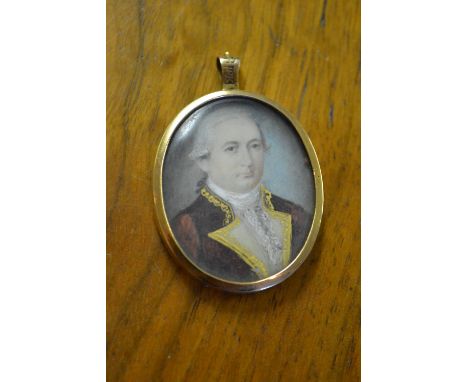 19th Century 18ct yellow gold framed head and shoulder portrait miniature of a 19th Century gentleman in a red overcoat, unsi