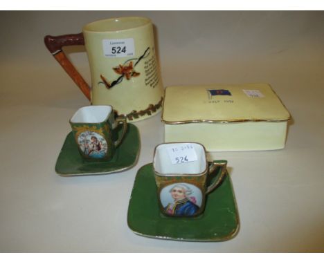 Crown Devon Fieldings musical mug decorated with a John Peel scene, Royal Winton rectangular box and cover, inscribed Churchi