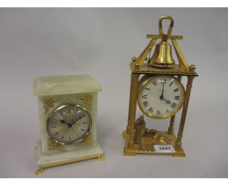 Modern gilt brass mantel timepiece with enamel dial and Roman numerals, figures of monks to the base, together with a small o