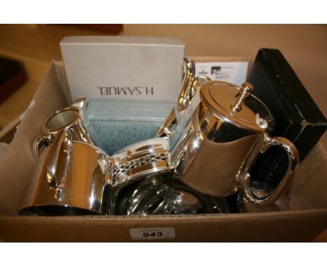 Three piece silver plated teaset, silver plated ladle, toast rack and other various plated items including flatware