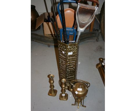 Pair of wrought iron and elm foot operated bellows, a brass spirit kettle, a stick stand, pair of candlesticks, two shooting 