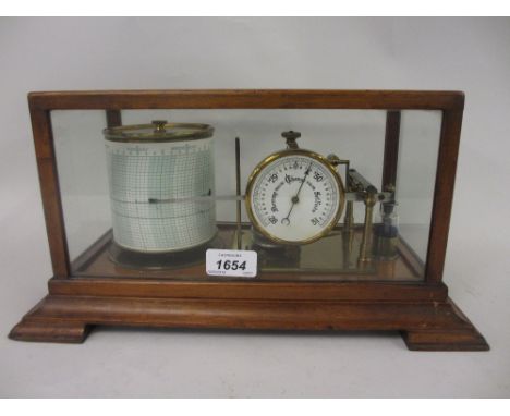 Edwardian gilt brass barograph with enamel barometer dial in a mahogany four glass case