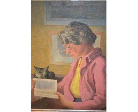 Joseph A. Colquhorn Morrison, signed oil on canvas, portrait of a lady reading a book with companion cat, 24ins x 20ins