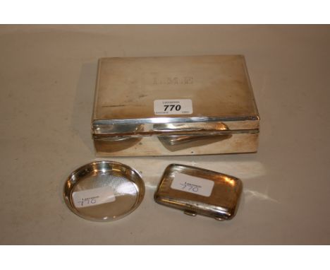 Rectangular silver cigarette box and a silver cigarette case together with a small circular silver trinket dish