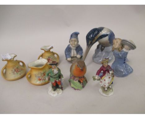 Two Royal Copenhagen figures of children together with a Danish B. and G. figure of a kingfisher, a Royal Worcester figure of