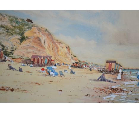 Fred R. Fitzgerald, pair of unframed gouache and watercolours, figures on a beach and coastal view, both 11.5ins x 18ins