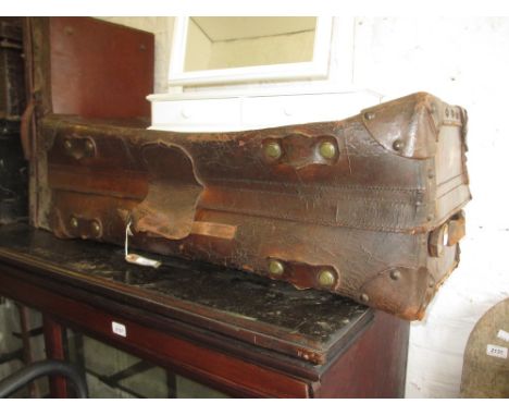 19th Century heavy brown leather travel trunk (a/f)