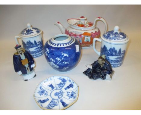 Small quantity of various blue and white porcelain including: a ginger jar (lacking cover) with four character mark to base, 