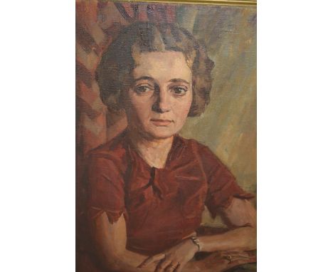 20th Century oil on canvas, portrait of a lady in burgundy dress, signed Goldberg, 29ins x 21ins, gilt framed