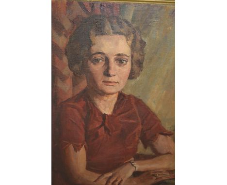 20th Century oil on canvas, portrait of a lady in burgundy dress, signed Goldberg, 29ins x 21ins, gilt framed