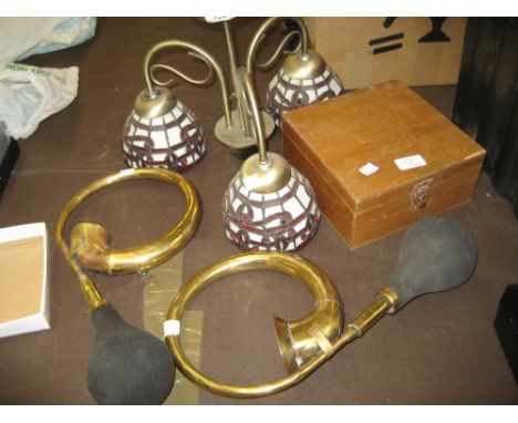 Three branch hanging lamp with Tiffany style shades, two brass horns and a boxed wireless instructor unit