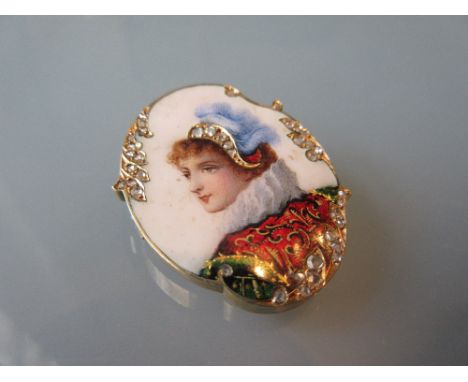 19th Century Continental gold and rose cut diamond set brooch, enamel decorated with a portrait of a lady
