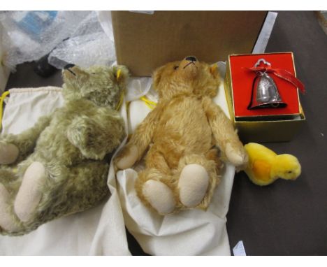 Two modern Steiff bears in Steiff bags with certificates, a boxed Kirk Steiff bell and a small Steiff chick