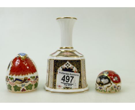 Royal Crown derby seconds figures: Robin, Ladybird and first 1128 patterned decorative bell(3)