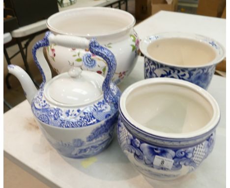 A collection of large vases &amp; pottery kettles: Items include a damaged Spode piece, small blue and white planters &amp; a