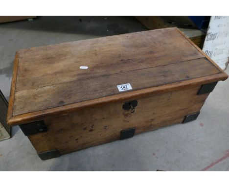Toolbox / chest: Vintage wooden metal bound lockable tool box/ chest 