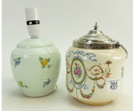 Shelley lamp base: Lamp base decorated with yellow roses &amp; forget-me-nots together with similar Biscuit barrel with Rose 