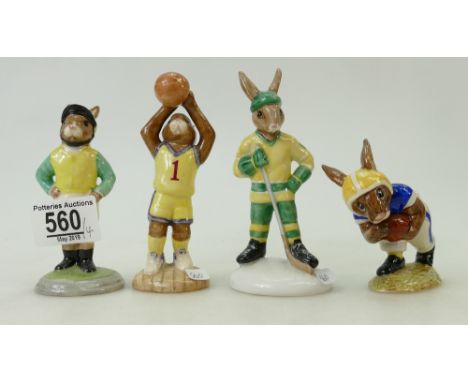 Four Royal Doulton Bunnykins Sports Figures: Ice Hockey Bunnykins DB282 produced for U.K.I Ceramic, Touchdown DB29, Limited e