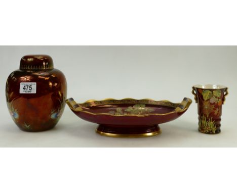 Carltonware rouge royale ginger jar &amp; cover decorated with dragonflies, height 19.5cm, two handled long dish decorated wi