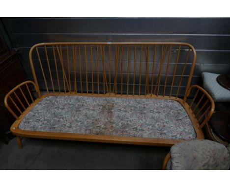 Ercol Settee: Mid-Century Ercol honey elm Windsor 3 seater settee 