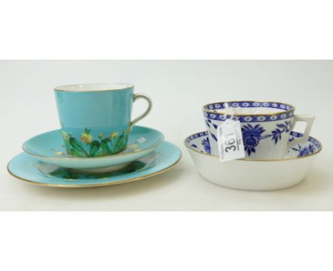 Doulton Burslem trio with moustache cup: Item decorated with flowers and a Mintons Delft moustache cup and saucer. (5)