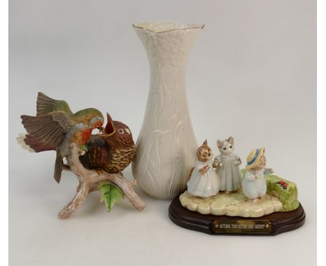 Beswick / Royal Doulton Mittens, Tom Kitten &amp; Moppet tableau: Belleek vase and a Goebel bird figurine ( 1 tray)