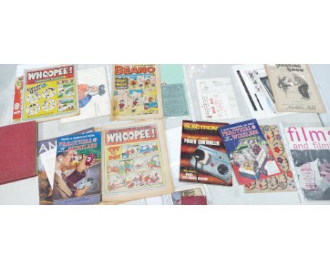 Ephemera including: 5 x Whoopee &amp; 1 x Cor 1970's comics, leaflets for Liberty leather ware, Personality, Electric Illumin