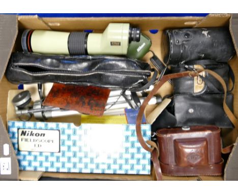 Collection of camera equipment: To include Nikon Fieldscope, tripod, cameras &amp; cases, etc. (1 Tray)