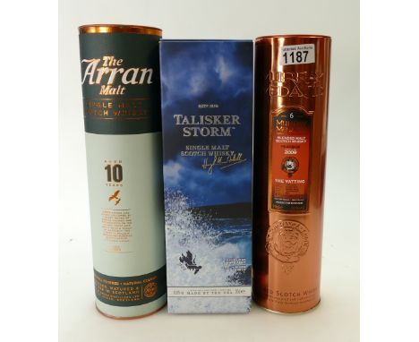 A collection of whisky to include: Arran 10yo 46% 70cl, Talisker Storm 45.8% 70cl, Murray McDavid Blended Malt Scotch Peatsid