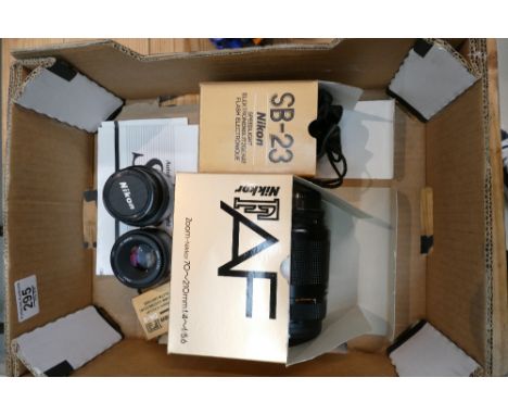Nikon Camera lens: Items to include Nikkor 70-210f4, 24mm 1;2.8mm, Af 50mm1:1.8D together with SB23 speedlight and DK2 eyecup