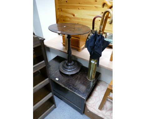 Victorian mahogany oval topped side table, 20th Century Oak panelled chest and a Artillery shell umbrella stand with vintage 