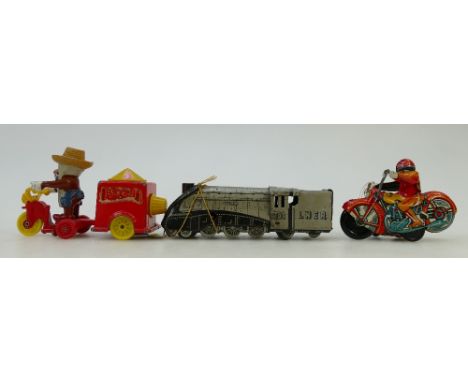 Clockwork tinplate motorbike marked 'made in England', a similar Silverlink LNER train marked foreign, both with keys, togeth