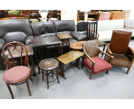 A large selection of 20th century tables &amp; chairs: to include a 1930s leather back manual reclining arm chair and similar