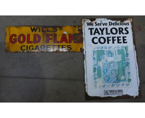 Advertising sign: Early 20th Century enamel on steel shop advertising signs - Taylor's Coffee (double sided) and Wills Gold F