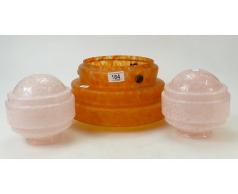 Art Deco Ceiling Lamp: An unusual mottled orange Art Deco ceiling lamp together with pink mottled smaller items.