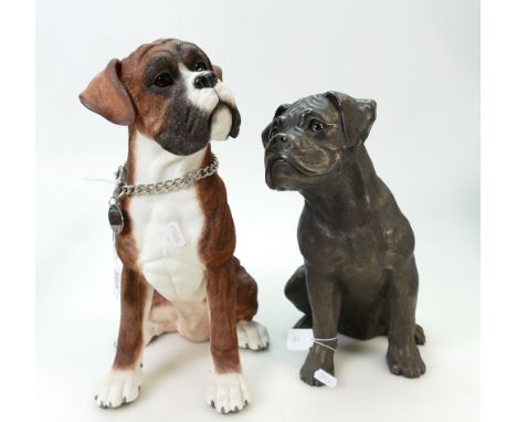 Boxer dog figures: Resin figure of boxer dog, together with similar Bronzed item. (2)