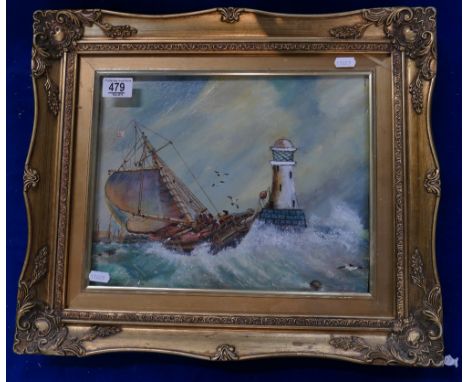 Framed Oil on Board Seascape: 35 x 26cm
