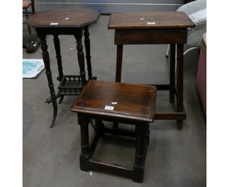 Stool and side table: Vintage solid oak lab stool and a ornate Victorian mahogany plant stand / side table (2)