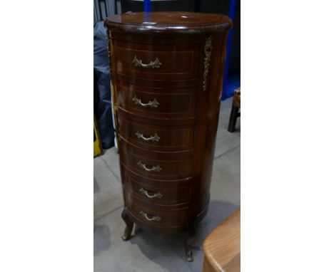 Tall Boy Chest: Vintage French Louis style inlaid ormolu x banded circular tall boy chest of 6 drawers 